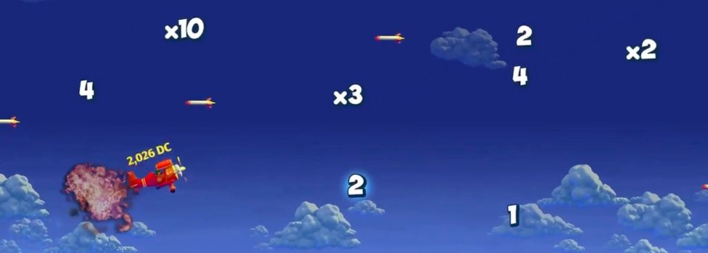 Avia Masters 2 demo window — biplane flying between multipliers at night