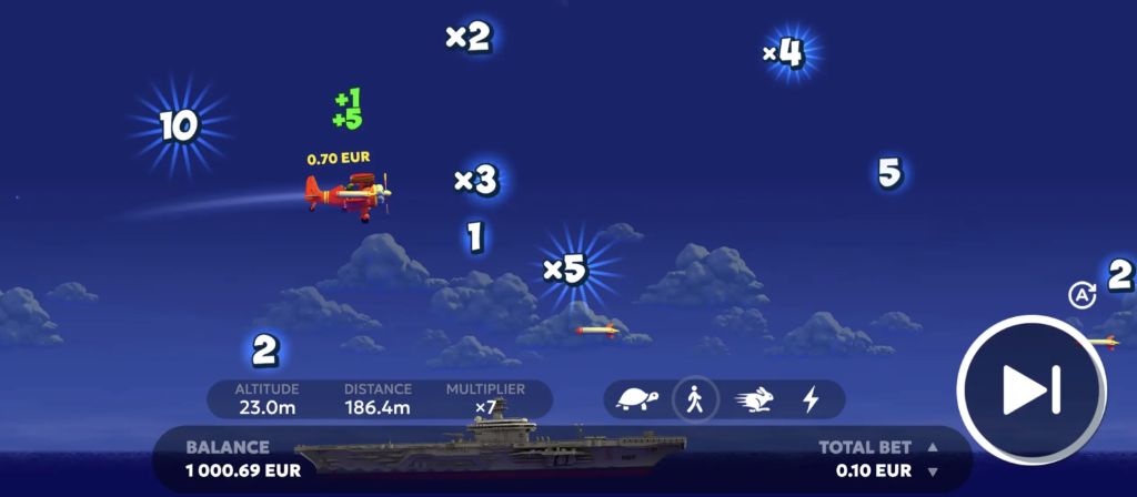 Avia Masters 2 biplane collecting multiplier numbers scattered across the night sky